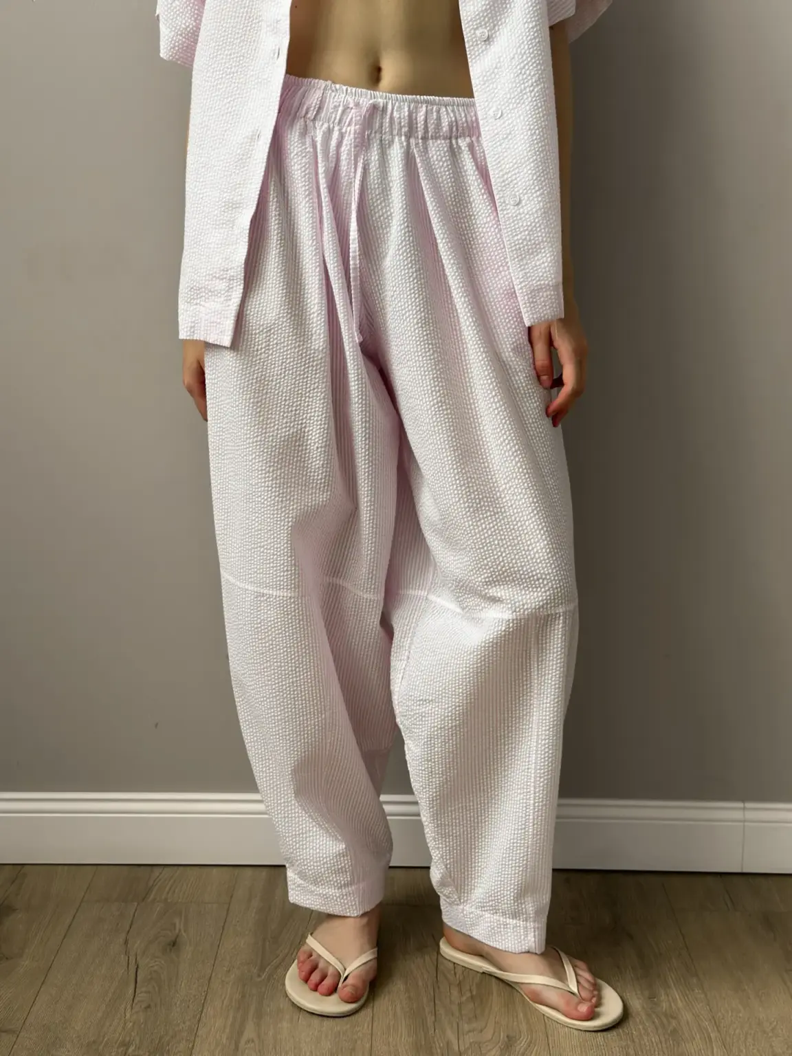 Бавовна жатка брюки Муки біла смужка на рожевому