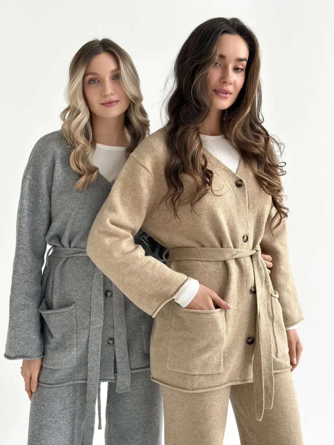Комплект в'язаний кардиган з поясом та штани бежевий, onesize