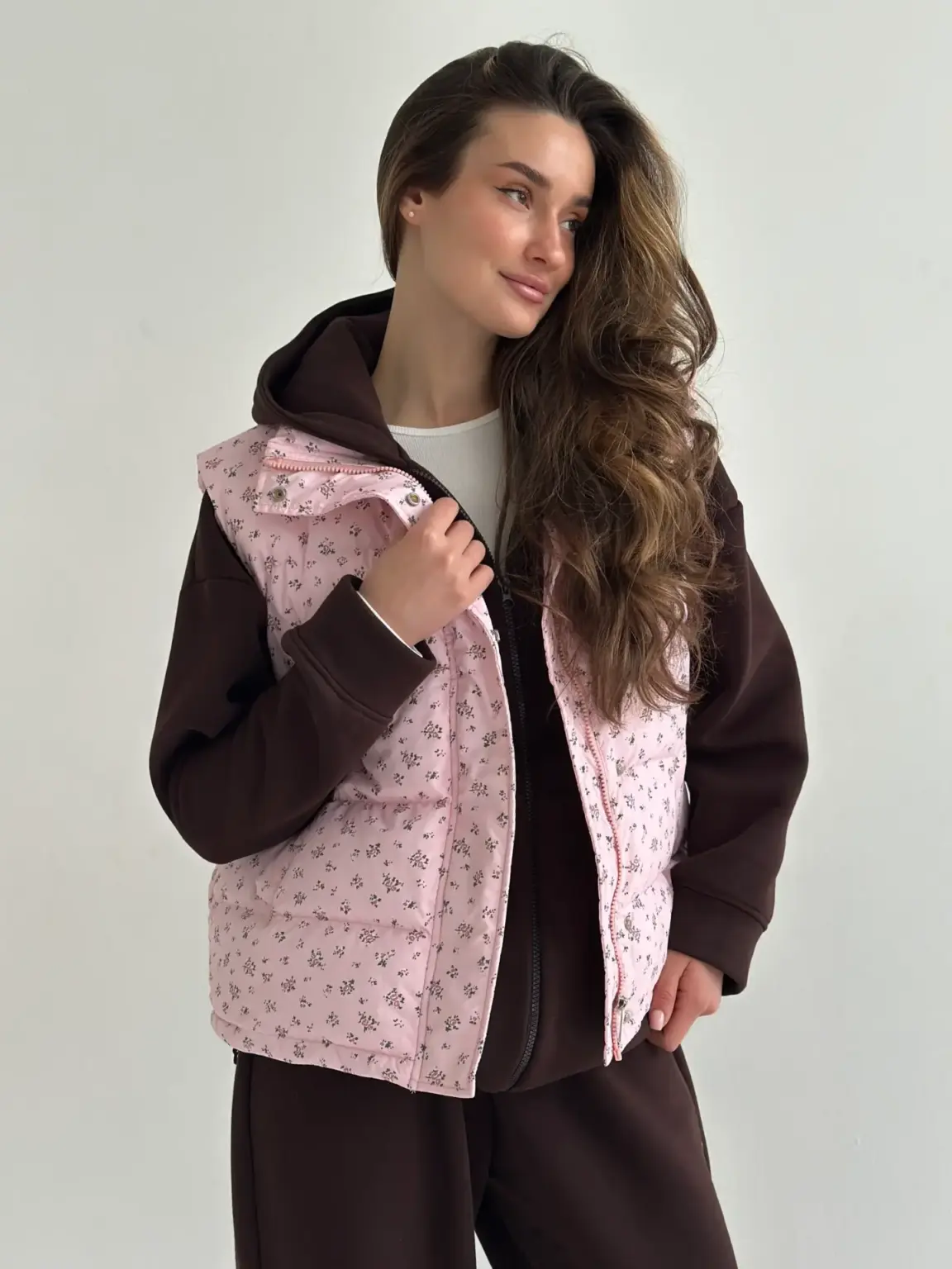 Жилетка стьобана дута рожева у квітку onesize