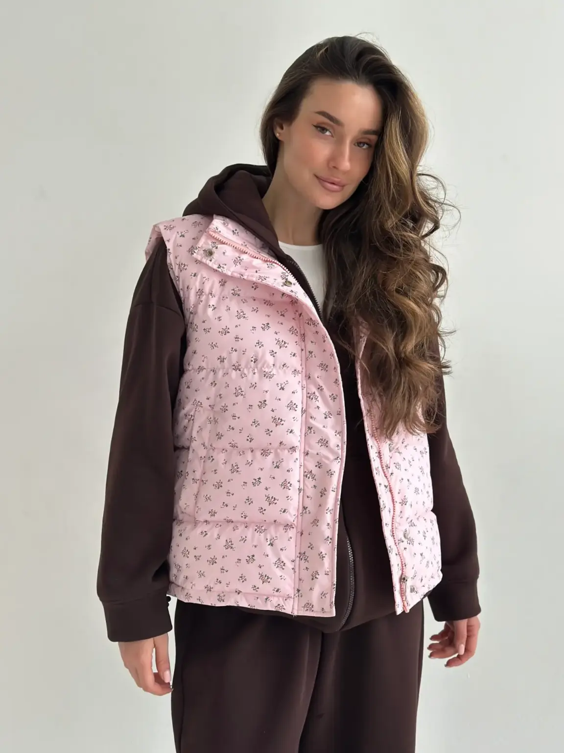 Жилетка стьобана дута рожева у квітку onesize